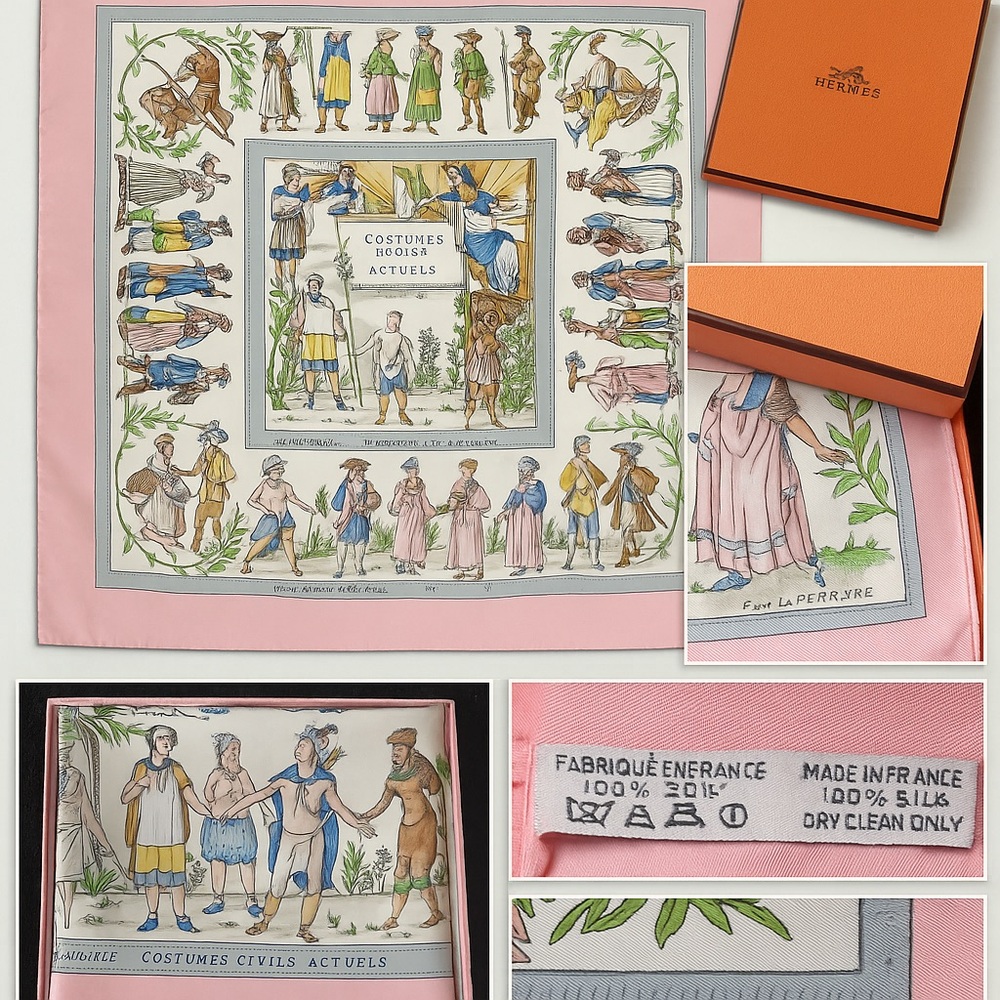 💖 Hermès Silk Scarf 90cm “Costumes Civils Actuels” – Pink Border – Vintage